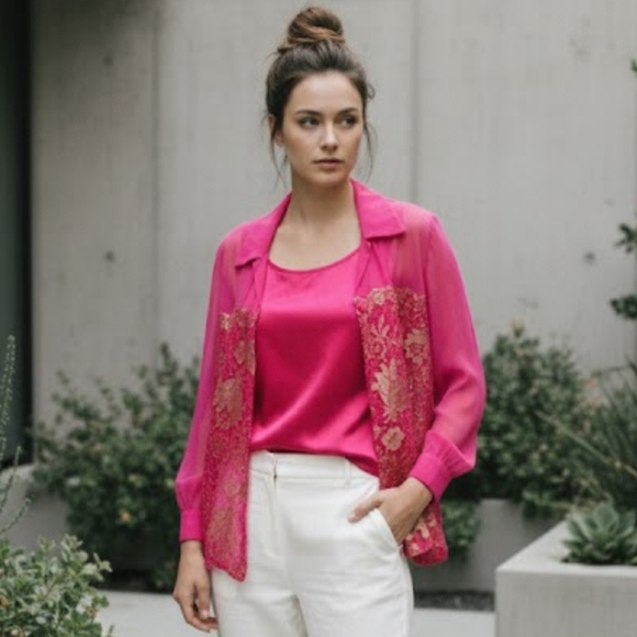 ALFRED SUNG Tops - Vintage 1980s Alfred Sung Silk Two-Piece Lace Overlay Top Set – Size 4